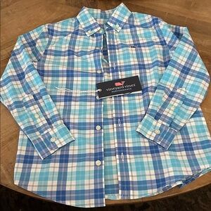 Vineyard Vines Aqua and Navy Plaid Shirt